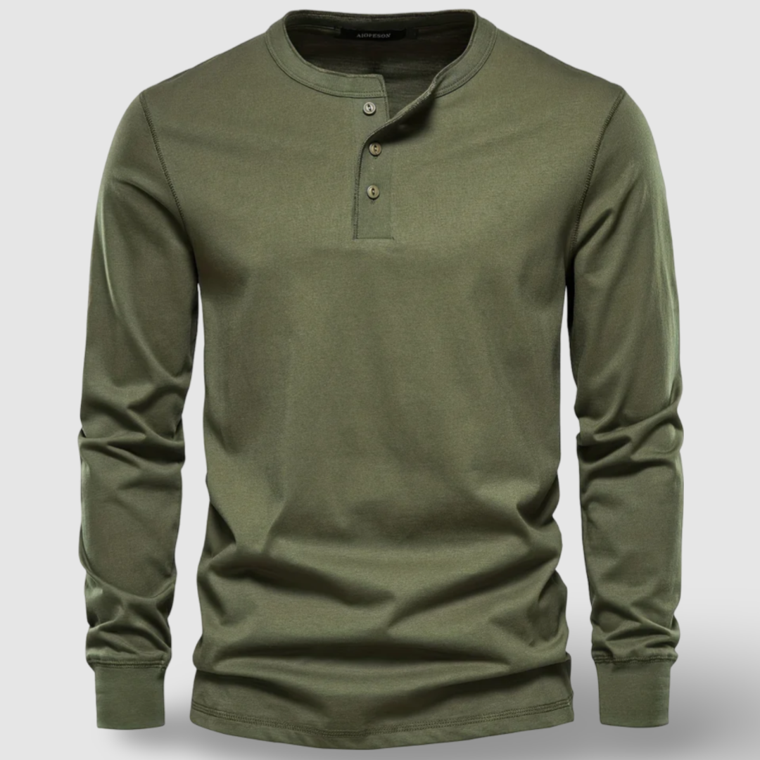 Camisa Henley elegante de manga comprida em algodão